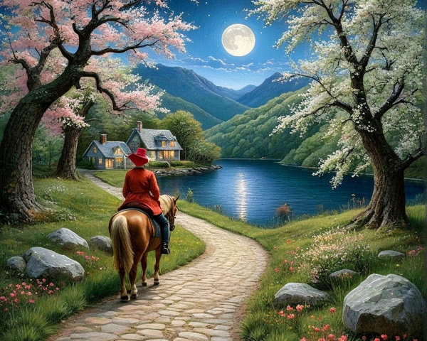Rider on Horseback by Tranquil Lake and Mountains