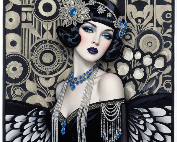 Glamorous Figure in Art Deco Style with Floral Accents