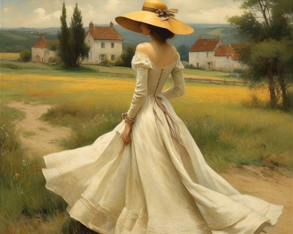 Serene Woman in White Dress Strolling in Meadow