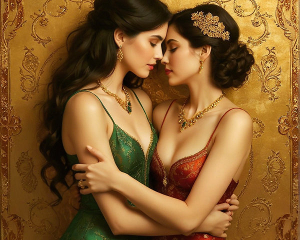 Elegant women in luxurious gowns with gold jewelry