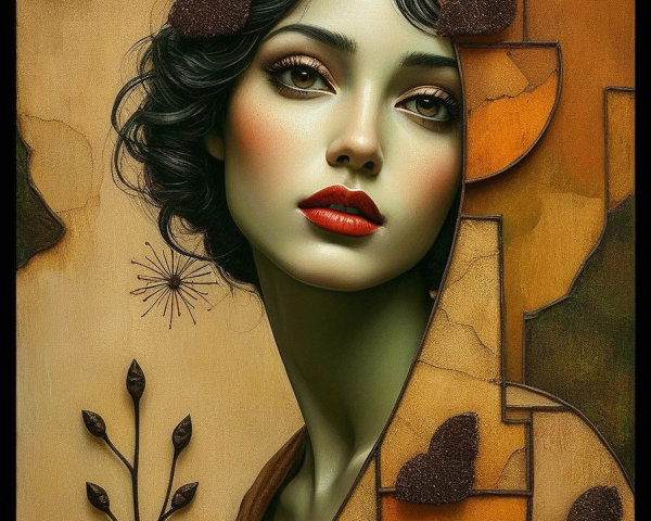 Portrait of Woman with Green Skin and Abstract Shapes