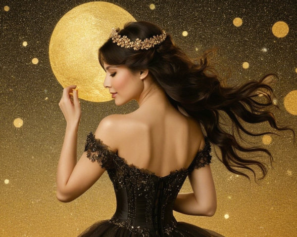 Woman in Black Gown Reaching for a Golden Moon