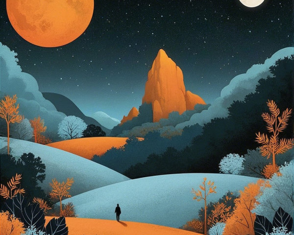 Silhouetted Figure on Moonlit Path Through Hills