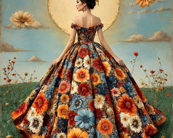 Woman in Floral Off-Shoulder Gown Against Serene Sky