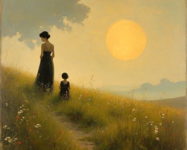 Serene Landscape with Woman and Child at Sunset