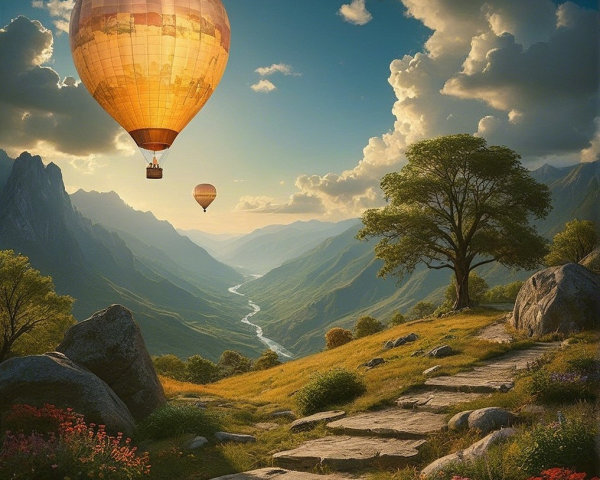 Hot Air Balloons Over a Lush Valley Landscape