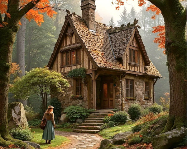 Rustic cottage surrounded by vibrant autumn trees