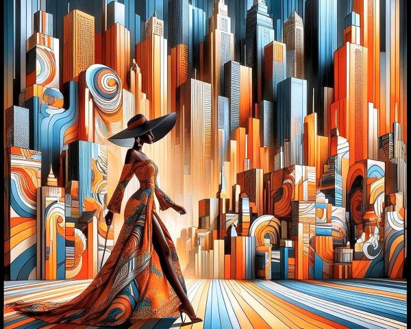 Stylish figure in vibrant cityscape with skyscrapers