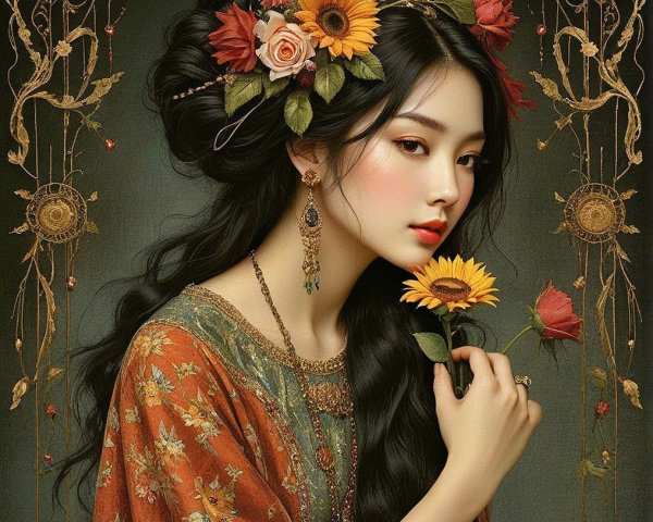 Portrait of a woman with flowers and elegant attire
