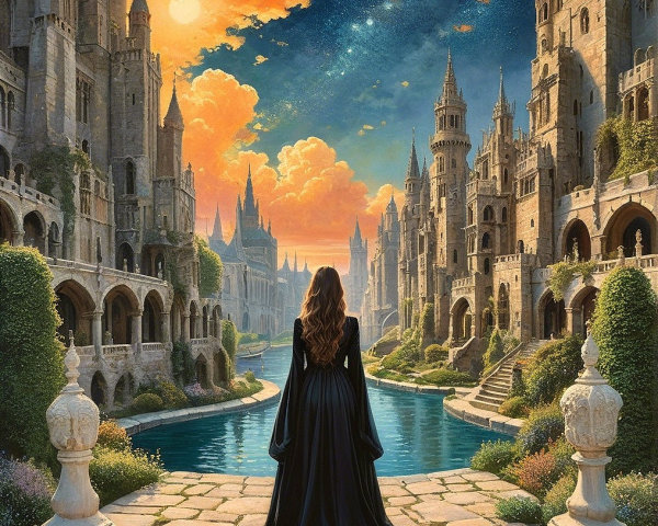 Mysterious Woman by Serene Waterway at Sunset