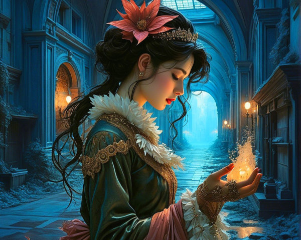 Mystical hallway with a woman holding a glowing orb