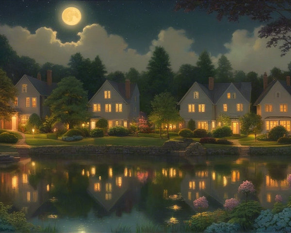 Idyllic Night Scene of a Neighborhood by a Lake