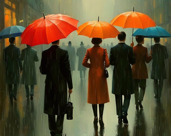 Rainy City Street Scene with Colorful Umbrellas