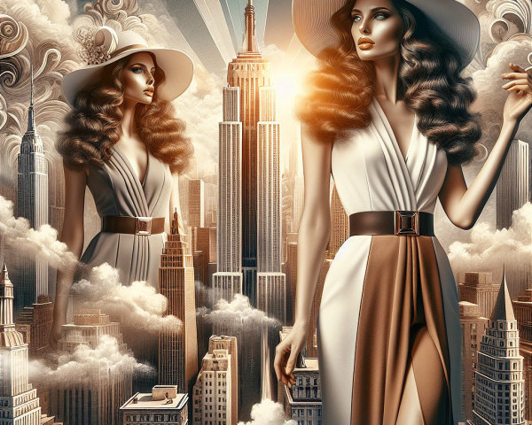 Glamorous Woman in Vintage Scene with Urban Skyline