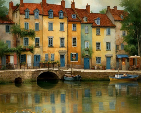 Charming Riverside Scene with Colorful Buildings and Boats