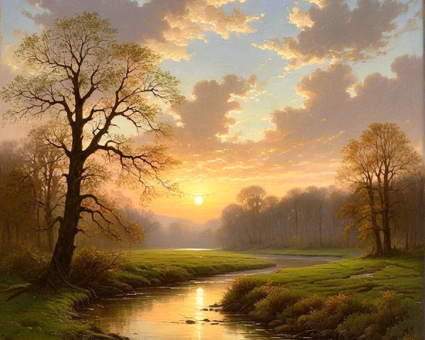 Serene Sunset Landscape with River and Lush Meadows