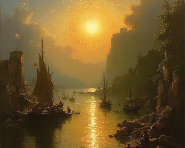 Serene River Scene at Sunset with Boats and Cliffs