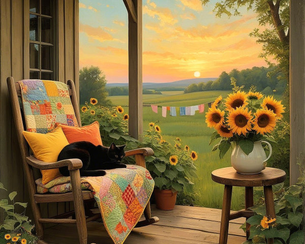 Serene Porch Scene with Rocking Chair and Cat
