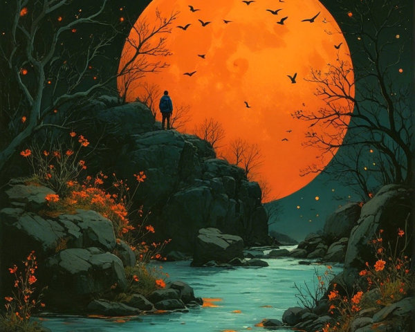Orange Full Moon Over Serene Landscape at Night