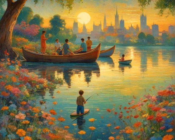 Lakeside Scene with Sunset, Boats, and City Skyline