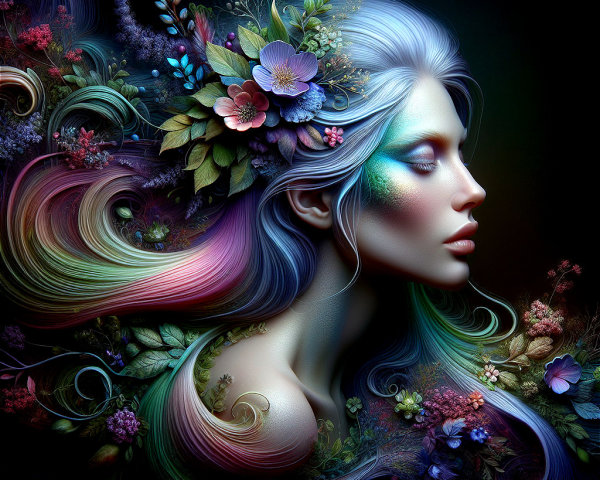 Artistic portrayal of a woman with colorful hair and flowers