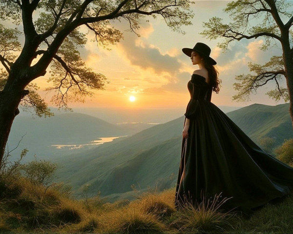 Woman in Black Gown at Sunset on Hillside