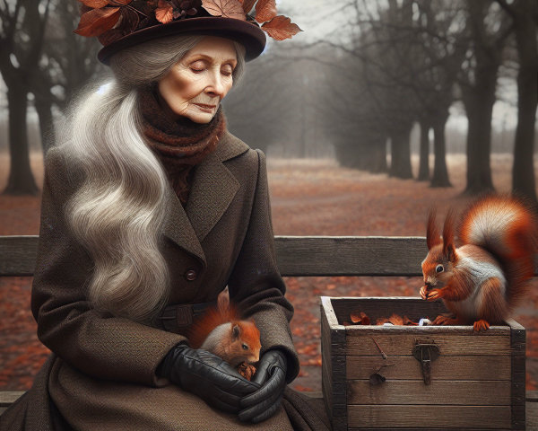Elderly Woman with Squirrel in Autumn Park Setting