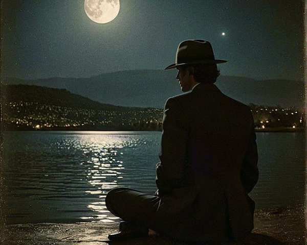 Solitary Figure by Tranquil Lake Under Full Moon