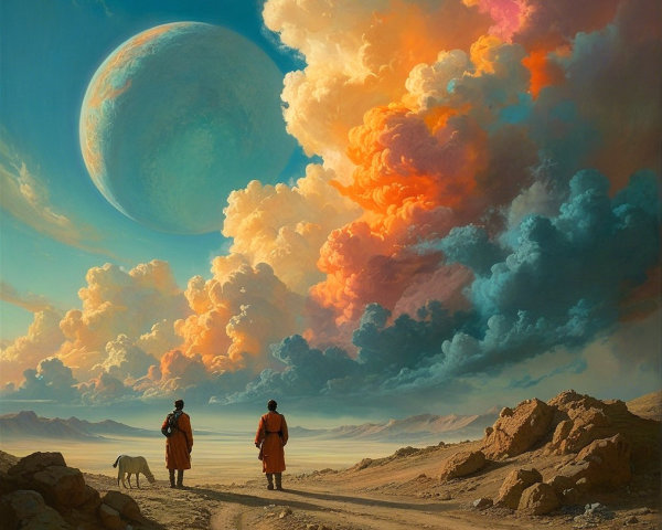 Figures in Robes on Desert Path Under Dramatic Sky