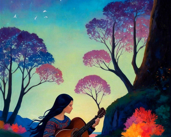 Young Woman Playing Guitar by Calm River at Twilight
