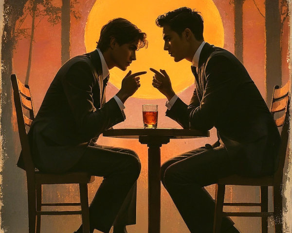 Tense Standoff Between Two Men at Sunset Table