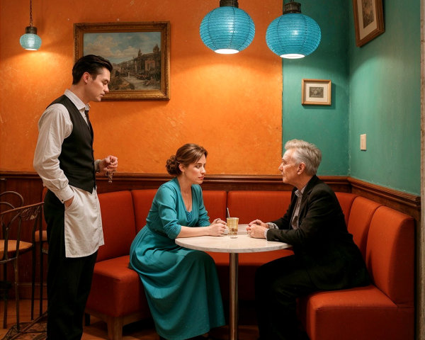 Cozy café scene with vibrant décor and serious conversation