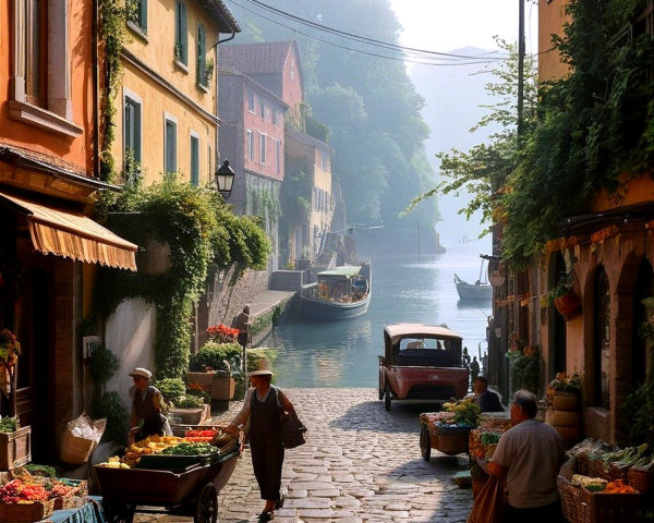 Charming Canal-Side Street with Colorful Buildings