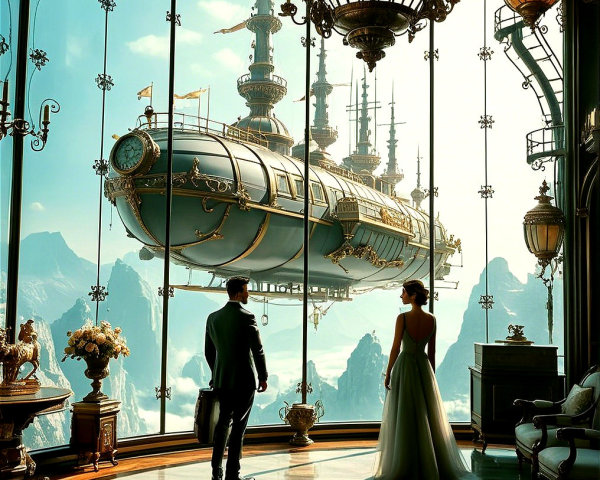 Luxurious Room with Man, Woman, and Steampunk Airship