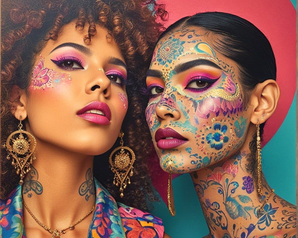 Colorful Makeup and Tattoos on Two Women in Tropical Setting