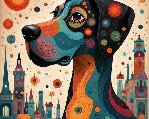 Colorful Abstract Dog Head with Whimsical Cityscape