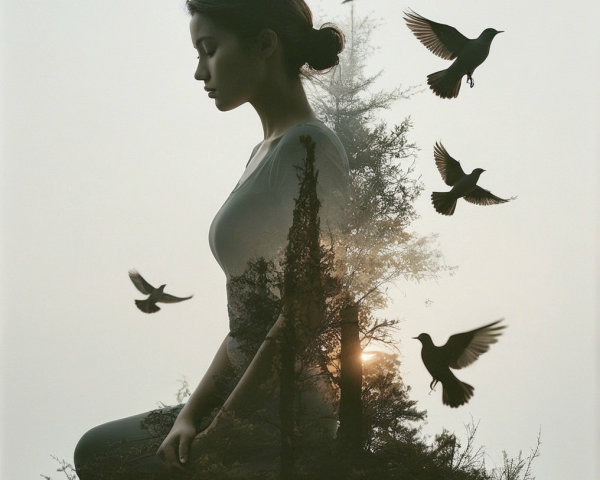Silhouette of a Woman Merged with Nature Scene