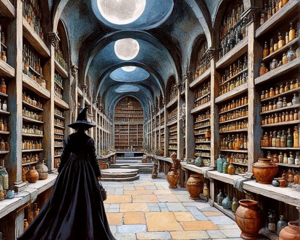 Cloaked Figure in Enchanted Library with Potions