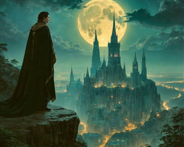Mysterious Figure Overlooks Enchanted Castle at Night