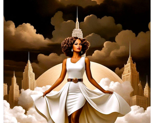 Fashionable Woman in White Dress Against Dramatic Skyline