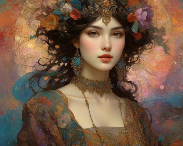Portrait of a young woman with flowers and jewelry