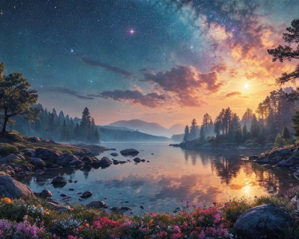 Serene Dusk Landscape with River and Vibrant Sky