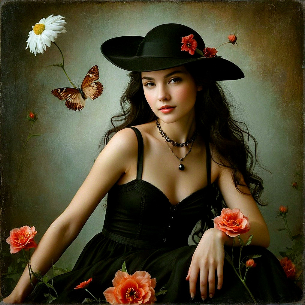 Young Woman in Black Dress Surrounded by Flowers