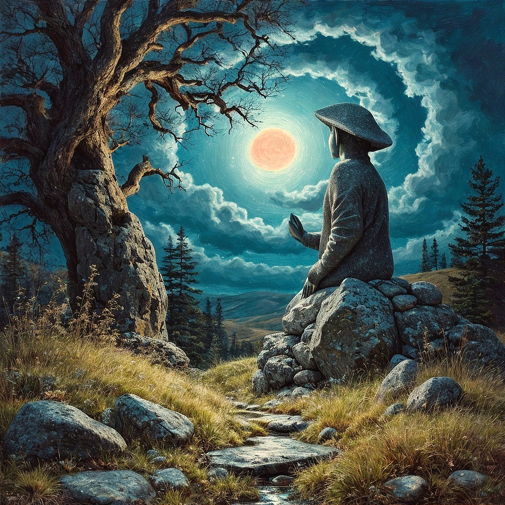 Tranquil Statue in Serene Nighttime Landscape