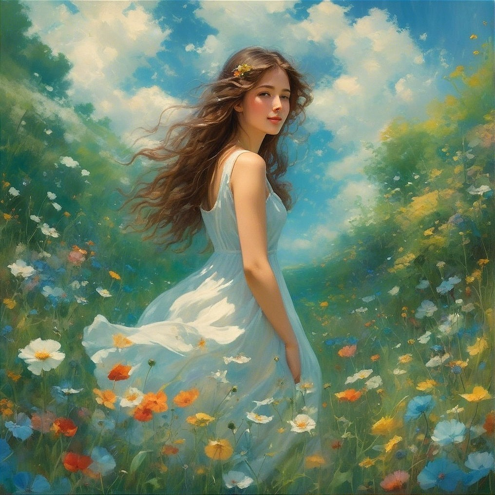 Young woman in white dress in wildflower field