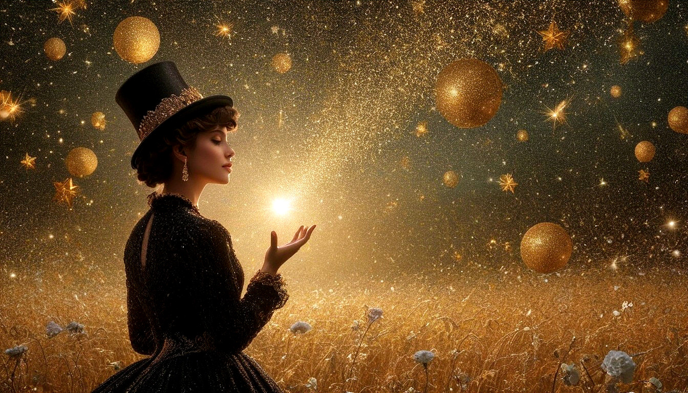 Vintage Gown and Hat in a Golden Field Scene