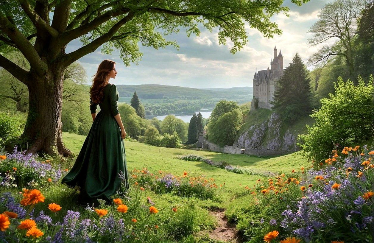 Woman in Green Gown on Hillside with Castle View