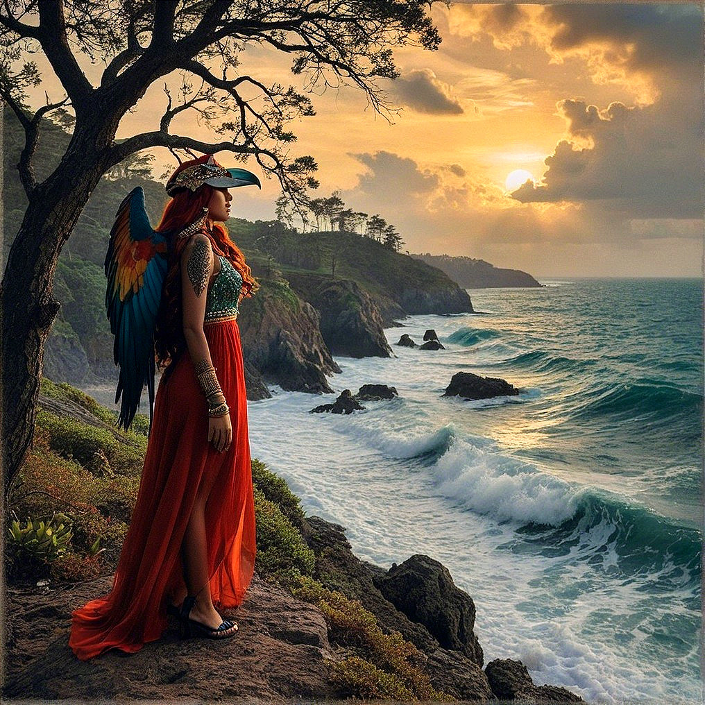 Figure in Red Gown with Colorful Wings at Sunset