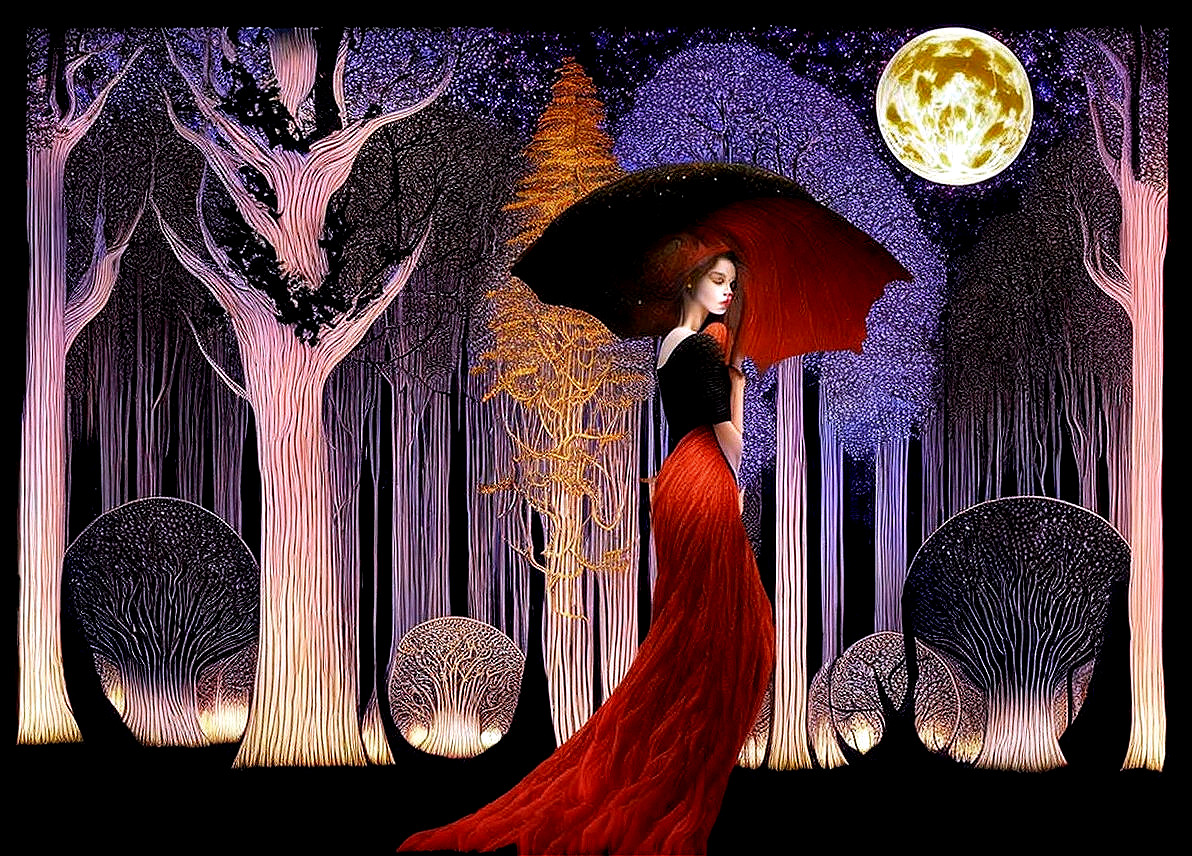 Elegant figure in enchanted forest with red umbrella