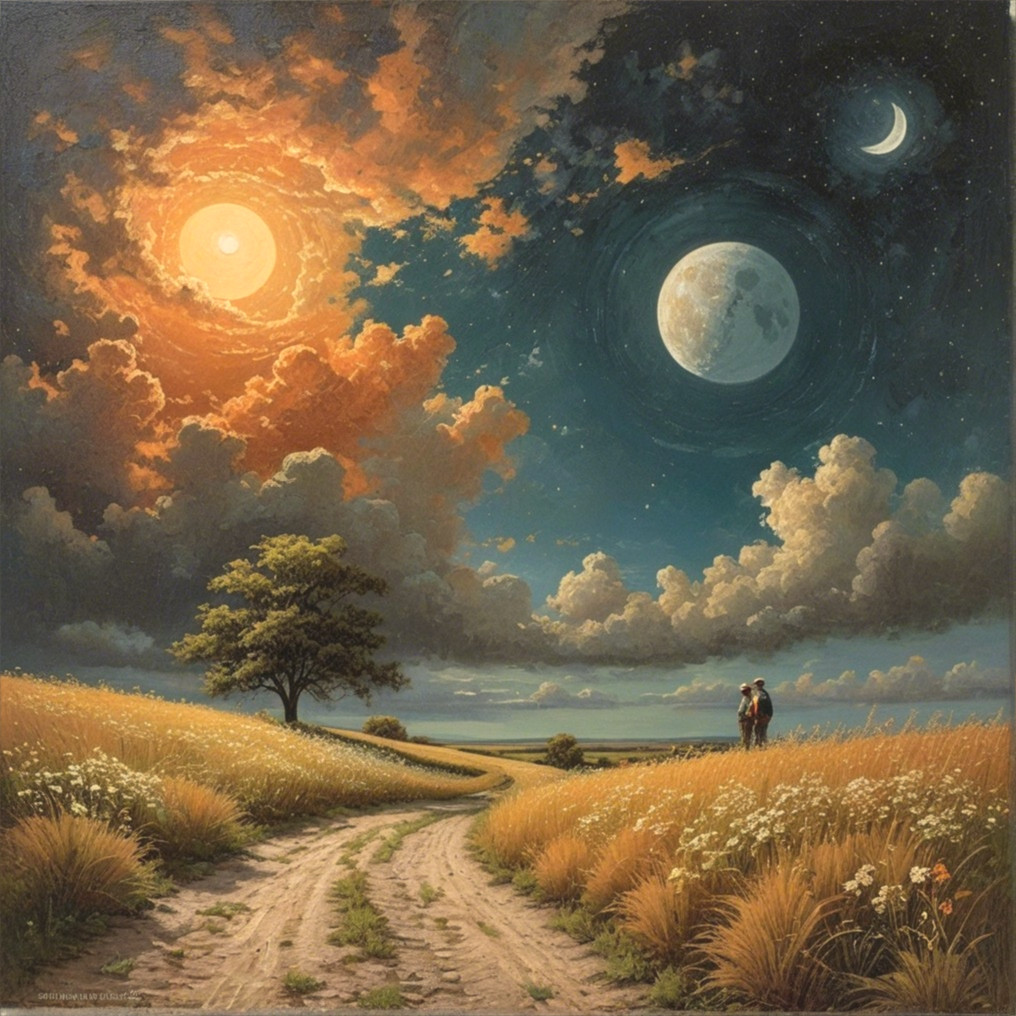 Serene landscape with winding path and celestial view